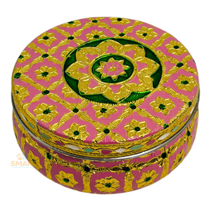 Stainless Steel Gold-Plated Round Meenakari Dibba for Home Decoration and Gifting - Product Image 1