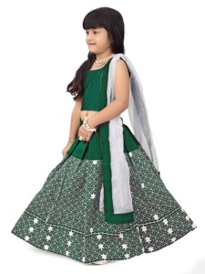 Shoryam Fashion Girls Emerald Green Ethnic Floor-Length Quick Dry Lehenga Choli Set Star Embroidery <b>Net</b> <b>Dupatta</b> Party Wedding - Product Image 5