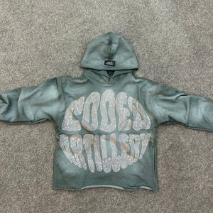 Alta calidad de gran tamaño Vintage lavado desgastado Streetwear Sudadera con capucha Rhinestone Raw Hem Hidden Pocket Hoodie - Product Image 5