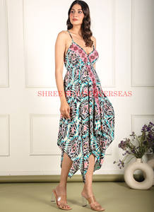 ชุดเดรสรีสอร์ทผ้าไหมพิมพ์ลายไม่สมมาตรสำหรับผู้หญิงชุดเดรสสั้นพิมพ์ลายคอวีแขนกุดสำหรับฤดูร้อน - Product Image 2