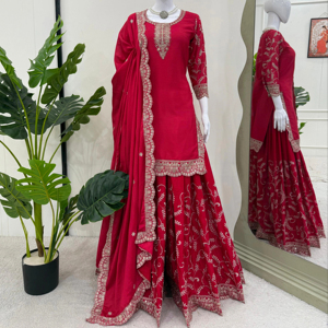 Thủ công dân tộc xuất sắc chinon lụa chủ đề sequined Top chảy Faux georgette plazo & bốn bên ren dupatta - Product Image 1