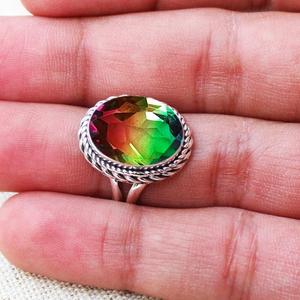 Anillo ovalado de turmalina sandía, Plata de Ley 925, joyería de piedras preciosas Multicolor hecha a mano para mujer - Product Image 2