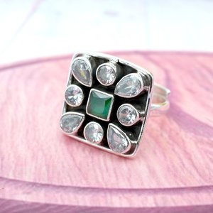 925แหวนเงินสเตอร์ลิงทำด้วยมือเครื่องประดับพลอยโอนิกซ์สีเขียวเซอร์โคเนียสำหรับผู้หญิงของขวัญที่สมบูรณ์แบบสำหรับ Her-R0046-GS - Product Image 2