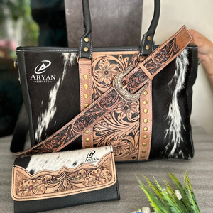 New Western Handcrafted Tooled Hair on Hide Fur Leather <b>Handbag</b> Women's Stylish Shoulder Bag and Wristlet Purse <b>Unique</b> Combo Set - Product Image 1