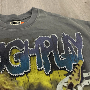 Rough Play We Are the Streets Latest Fashion Vintage Perforated Diamond Patchwork Short Sleeved T-shirt - Product Image 3