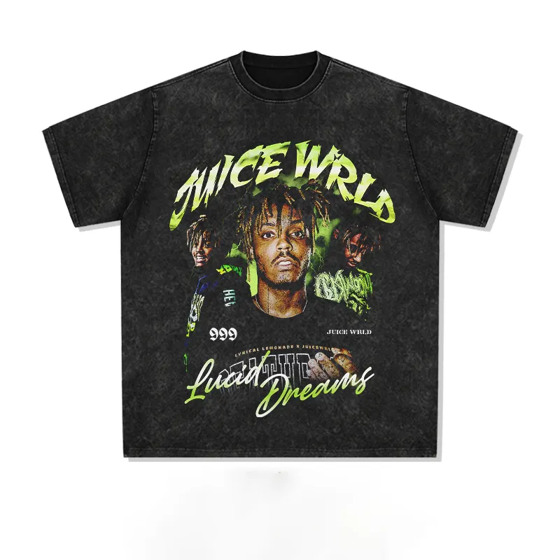 Juicewrld hip-hop rap character print short-sleeved T-shirt men's high street pickling tailored distressed loose long sleeves