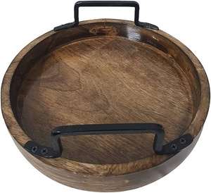 Bandeja redonda de madera con marco de Metal Circular, bandeja de servicio redonda de madera con asas, venta al por mayor, con impresión personalizada - Product Image 5