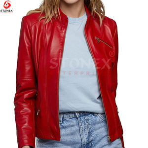 Rouge en cuir véritable adulte femmes dernière conception vestes à glissière en gros meilleure vente de haute qualité grande taille personnalisée - Product Image 4