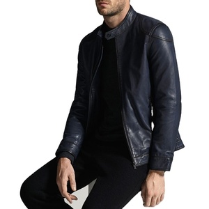 Chaqueta de cuello alto con cierre de cremallera de cuero genuino de calle alta para hombre, ropa de abrigo elegante frontal para todos los envíos DDP - Product Image 1