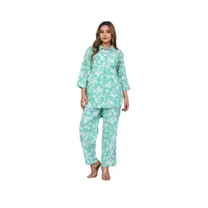 High Quality Pure Cotton Printed Floral Design Full Night Suit Set Sleepwear Dress for Women