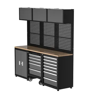 整齐灰色工具柜箱辊，带重型工作台，带车间车库工具柜，用于工具商店