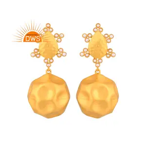 Trendy Pearl Set Brass Gold Hand Hammered Ethnic Design Earrings Indian Gold Plated Jewelry Manufacturer Supplier