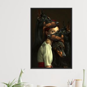 Gothic Woman with Dobermans: Dark Feminine Portrait <b>Canvas</b> Print,BLACK <b>FRAMED</b> <b>CANVAS</b> - Product Image 1