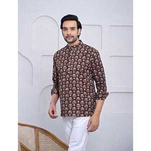 Kurta Corta Informal de Algodón Estampado para Hombre con Mangas Largas - Product Image 4