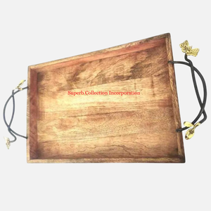 Home Kitchen Countertop Decorative <b>Tray</b> Elegant Wooden Serving <b>Tray</b> With Metal Leaf Design Handle <b>Tea</b> And Coffee Serving <b>Tray</b> - Product Image 5