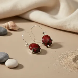 Pendientes de Mujer Modernos Chapados en Oro con Jaspe Rojo y Plata, Forma de Bola con Diamante como Piedra Principal, Joyería de Oro Rosa - Product Image 1