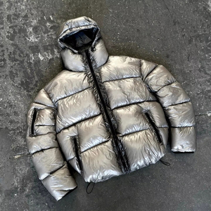 Custom <b>Silver</b> Men's Hooded Bomber Puffer <b>Jacket</b> Windproof Waterproof Shiny Coated Wool/Polyester Sleeve Pocket Winter Outdoor - Product Image 5