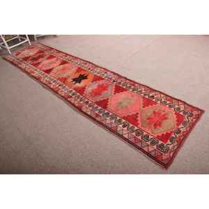 Vintage <b>Runner</b> Rug 2.7x11.2 ft, <b>Red</b> Pink Animal Print Rug Wool - Product Image 3