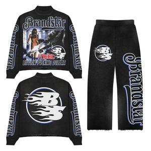 Custom <b>Applique</b> <b>Patch</b> Embroidery Men's High Street Vintage Oversized Summer Breathable Zip-Up Hoodie Sweatpants Set 100% Cotton - Product Image 5