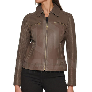 Veste en cuir véritable Slim Fit pour femmes de conception de vente chaude avec coutures décoratives manches zippées et finition lisse - Product Image 1