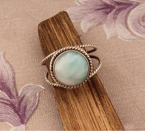 แหวนพลอยอัญมณีทรงหลังเบี้ยทรงกลมลาริมธรรมชาติสีเงินแท้สายรัดคู่ดีไซน์แบบทำมือหรูหราของขวัญเครื่องประดับสำหรับเธอ - Product Image 4