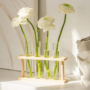 Compact Wooden Vase <b>with</b> Glass Tube for Office <b>Desk</b> Home <b>Shelf</b> Flower Display Indoor Plant Propagation - Product Image 2