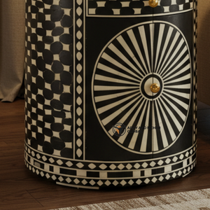 Table de chevet moderne en os incrusté, faite à la main, écologique, avec accents floraux noir et blanc, pour chambre à coucher et salon - Product Image 2