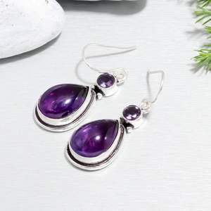 925 Sterling <b>Silver</b> Plated Bohemian Style <b>Earrings</b> Fashionable Purple Amethyst Gemstone Natural Quartz Bezel for Anniversary - Product Image 3