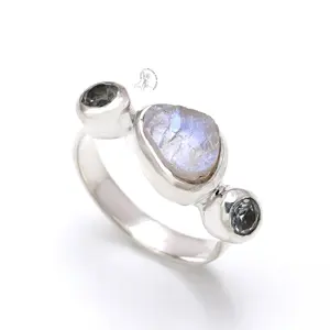Rainbow Moonstone Druzy And Blue Topaz Ring Wholesale Gemstone Semiprecious Fine Jewellery Ring 925 Solid Sterling Silver Ring