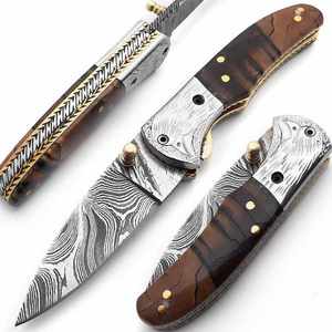 Couteau pliant en acier damas fait main Couteau pliant à manche en bois avec gaine en cuir - Product Image 1