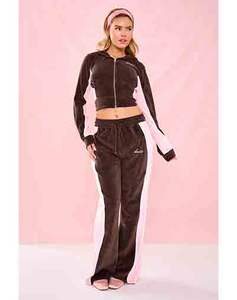 Women's Bitter <b>Chocolate</b> <b>Pink</b> Velour Zip-Up Track Suit-Hooded Long Sports Top Embroidered Casual Style Solid Pattern Winter - Product Image 1