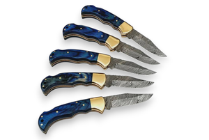 1 PCS Damascus Steel Bevel Folding <b>Utility</b> <b>Knife</b> Set Blue Wood Handle Leather Sheath <b>Pocket</b> <b>EDC</b> Hunting Camping Industrial Grade - Product Image 3
