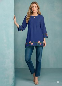 El más popular para fiestas de oficina: Tela de seda Georgette, estilo cuello redondo, longitud media, sin costuras, diseño indio moderno, multicolor, para mujer. - Product Image 3