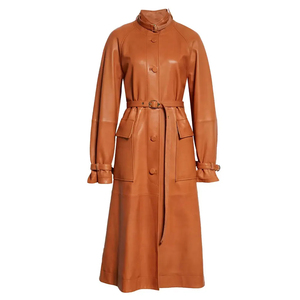 Manteau trench en cuir véritable pour femme, avec doublure en soie épaisse, fermeture éclair longue, col montant, coupe-vent, respirant, décontracté, pour l'hiver - Product Image 1