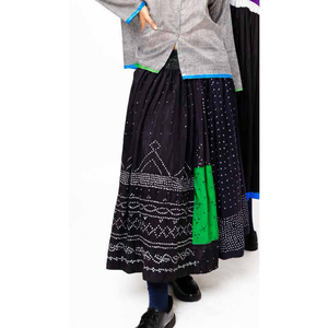 FOLKLORE 145 Satin Denim Pleat <b>Skirt</b> <b>Elastic</b> Waistband Emerald Stripe Bandhani Embroidery Soft Breathable Knit Ruffles - Product Image 4