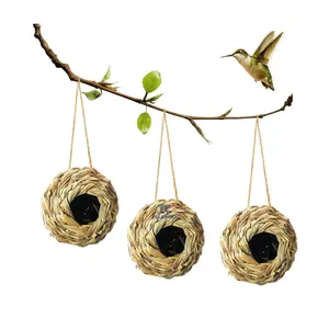 Humming Bird Houses For Outside Hanging Natural Grass Hut Hand Woven Hummingbird Nest Bird House Window Outdoor Home Decoration