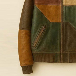 Chaqueta Bomber de cuero de retazos de gran tamaño Unisex Ajuste relajado Cuero real Hombres y mujeres HSE - Product Image 2