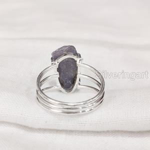 Joyería de piedra en bruto Anillo de mujer Tanzanita natural Piedra preciosa cruda Piedra natal de Diciembre Tres bandas lisas Anillo de plata esterlina 925 - Product Image 5