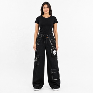 Jeans cargo en denim noir pour femmes, fabrication sur mesure, taille haute, coupe ample, pantalon cargo à jambes larges, streetwear, jeans utilitaires tendance - Product Image 2