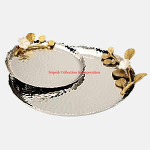 Plateau de service de luxe en acier inoxydable de qualité avec poignée florale Snacks Dessert Server Ware Plateaux Accessoires pour hôtels Fournitures - Product Image 5