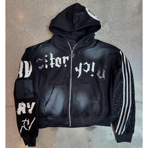 Sudadera con capucha y sudadera para hombre Vintage lavada con ácido y cremallera DTG de algodón personalizado de alta calidad con diamantes de imitación desteñidos al sol - Product Image 1