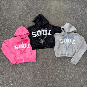 Sweat-shirts à capuche pour hommes personnalisés, 100% coton, veste zippée, broderie usée, poids lourd, unisexe, sweat-shirts à capuche avec strass pour hommes - Product Image 1