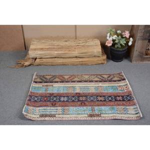 Vintage Turkish Rug Ethnic Blue Beige 2.4x3.4ft Large Area Classic Patchwork Design Wool Latex 4m Rectangle Hallway for Rooms - Product Image 5
