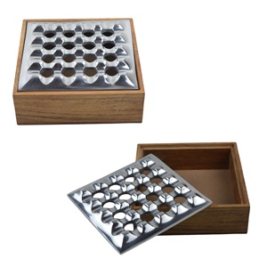 Plateau à fumée rond en aluminium poli argenté avec base en bois Design grille design logo personnalisé Design portable style européen - Product Image 3