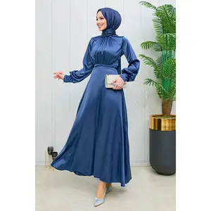 Navy Blue Evening Dress Satin Fabric Elegant And Elegant Dress With Zipper Long Dress Self Belted