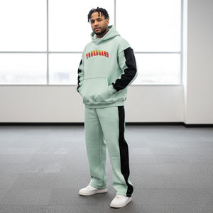 ชุดวอร์มผู้ชายแบบสั่งทำพิเศษ พิมพ์ลายตามแบบ ปักโลโก้ตามสั่ง ผ้าฟลีซคอตตอน 100% แบบสองสี ทรงโอเวอร์ไซส์ ชุดเซ็ต 2 ชิ้น - Product Image 4