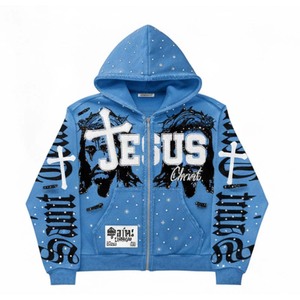 Sudadera con Capucha Personalizada con Pedrería de Jesucristo, Chaqueta de Invierno con Cremallera, Estilo Moderno, 100% Algodón Jersey, Ecológica, Resistente al Viento, Unisex - Product Image 5