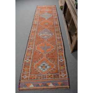 Tapis en laine turque orange et violet vintage 28 'X 114' tapis plat tissé spacieux avec support en latex pour décorations de salon - Product Image 1