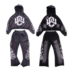 ชุดสเวตสูททรงบานผ้าฝ้าย 100% ย้อมสีแบบ Acid Wash สไตล์วินเทจ ปักลายปะติด  งานหนัก  ใส่สบาย  โลโก้สั่งทำได้  เป็นมิตรต่อสิ่งแวดล้อม  เหมาะสำหรับฤดูหนาว  สตรีทแวร์ - Product Image 2