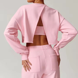 Sweat-shirt court à manches longues pour femme, style punk, délavé à l'acide, dos ouvert, automne-hiver - Loisirs, sport, fitness, 100% coton - Product Image 2